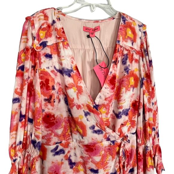 Betsey Johnson Dress Sunset Floral Wrap Pink Purple Ruffle Nwt $99 Sz 4 - Picture 3 of 15